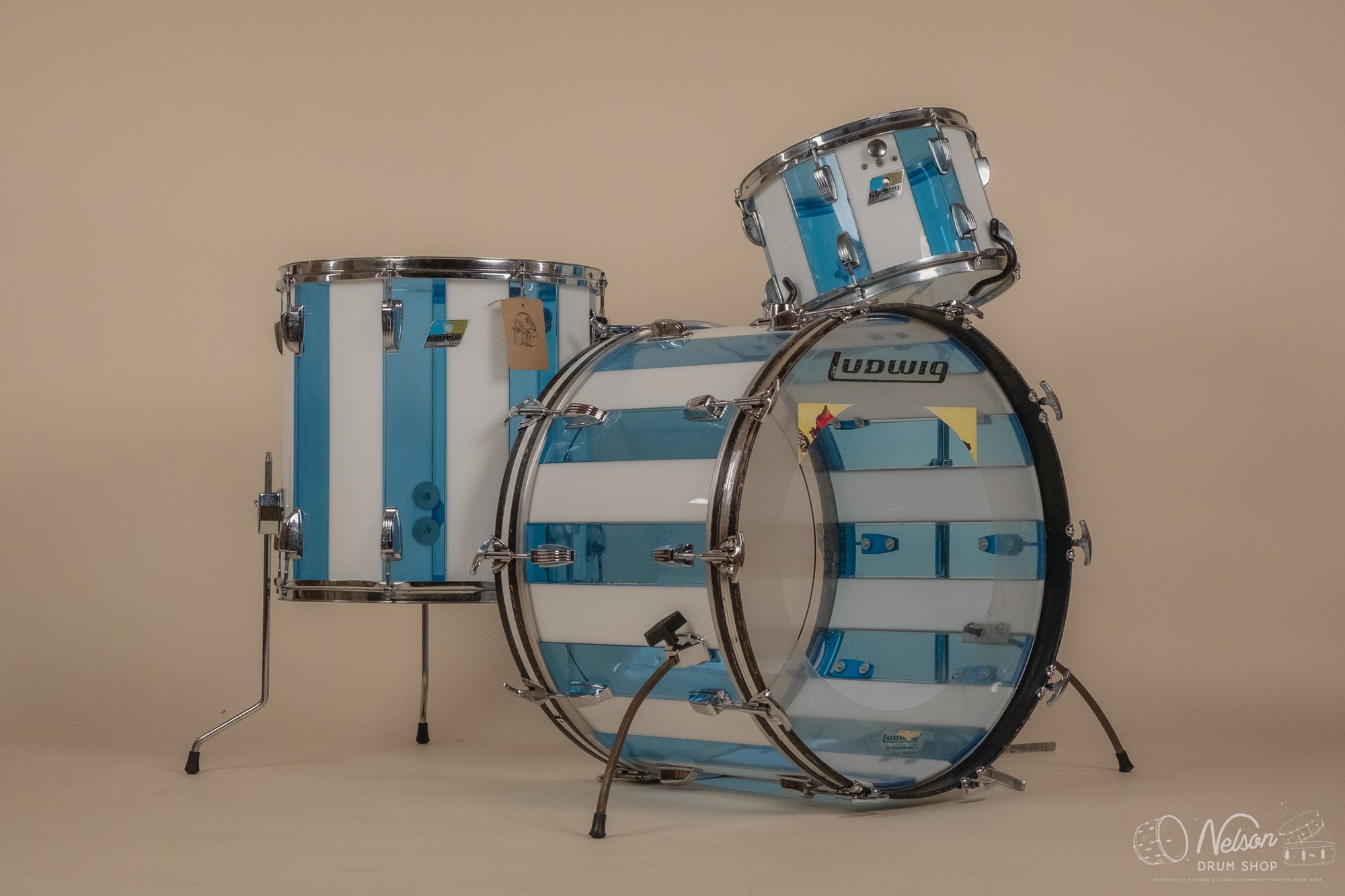 1970s Ludwig Vistalite 'Pattern F' in Blue & White - 14x22, 8x12, 16x16