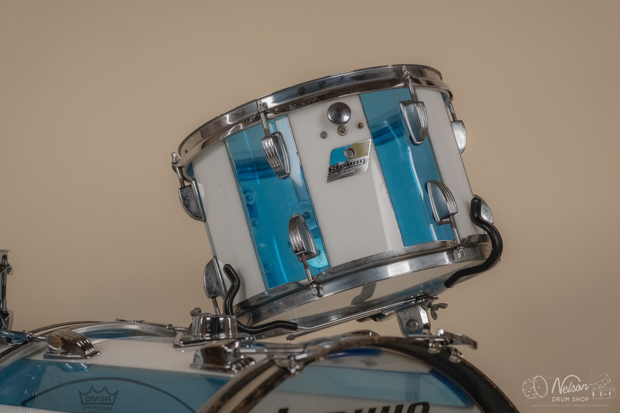 1970s Ludwig Vistalite 'Pattern F' in Blue & White - 14x22, 8x12, 16x16
