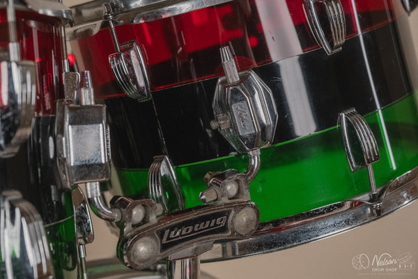 1970s Ludwig Vistalite 'Big Beat' Pattern A in Red/Black/Green - 14x22, 8x12, 9x13, 16x16