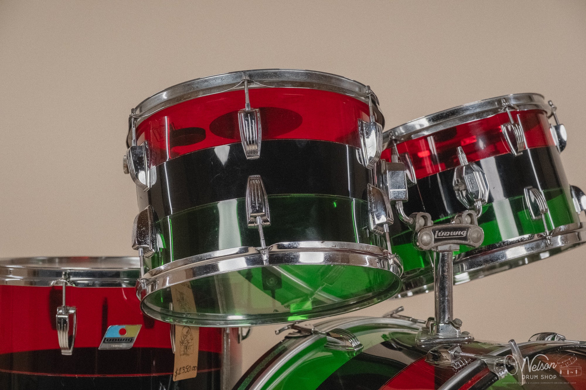 1970s Ludwig Vistalite 'Big Beat' Pattern A in Red/Black/Green - 14x22, 8x12, 9x13, 16x16