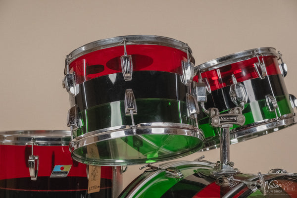 1970s Ludwig Vistalite 'Big Beat' Pattern A in Red/Black/Green - 14x22, 8x12, 9x13, 16x16