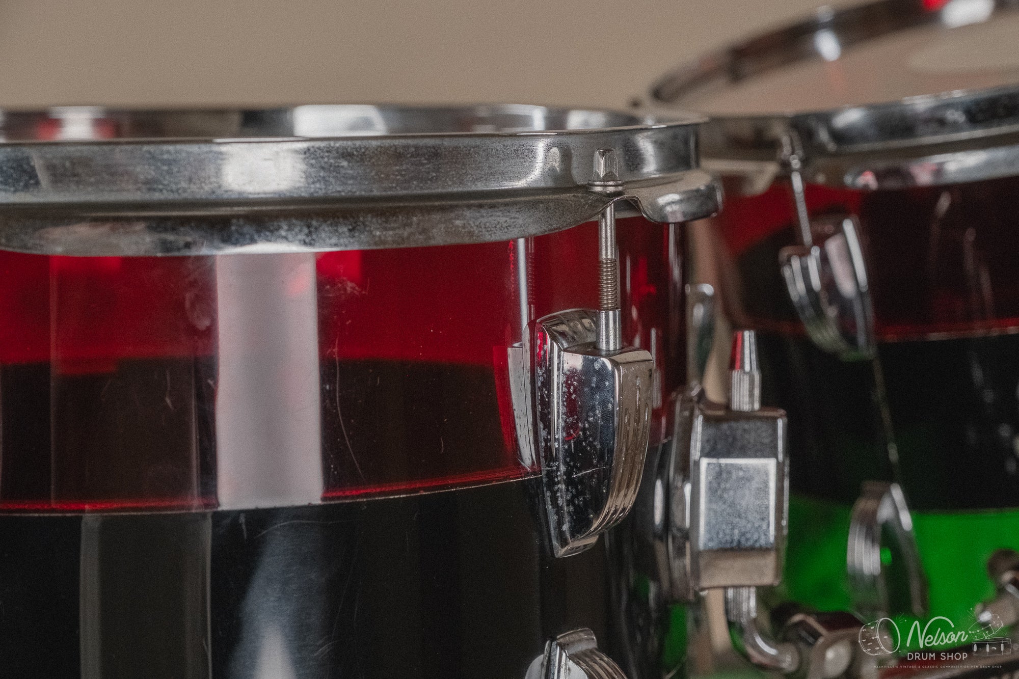 1970s Ludwig Vistalite 'Big Beat' Pattern A in Red/Black/Green - 14x22, 8x12, 9x13, 16x16