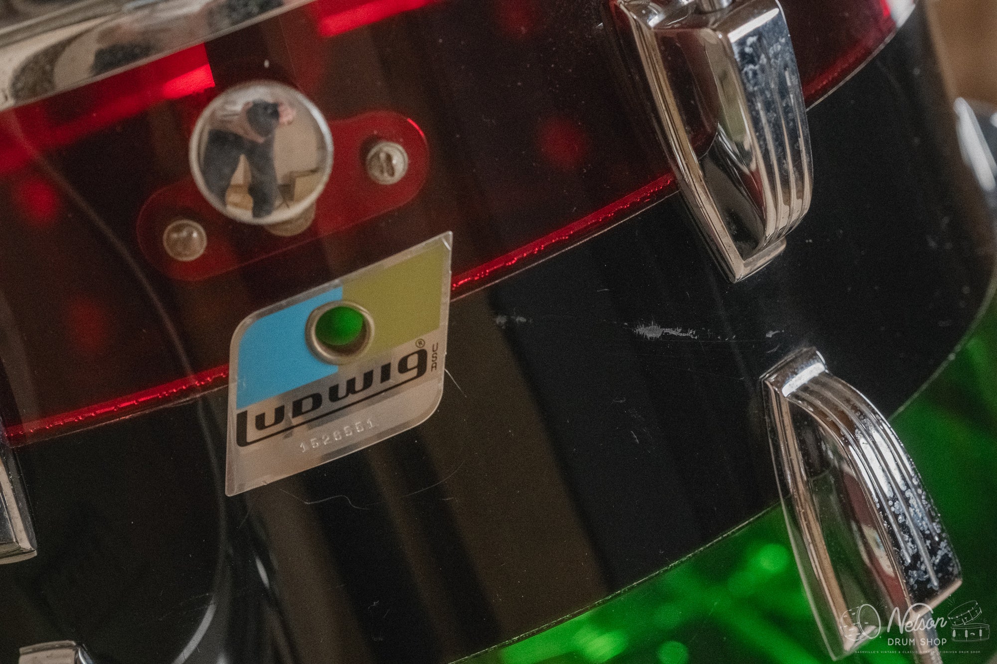 1970s Ludwig Vistalite 'Big Beat' Pattern A in Red/Black/Green - 14x22, 8x12, 9x13, 16x16