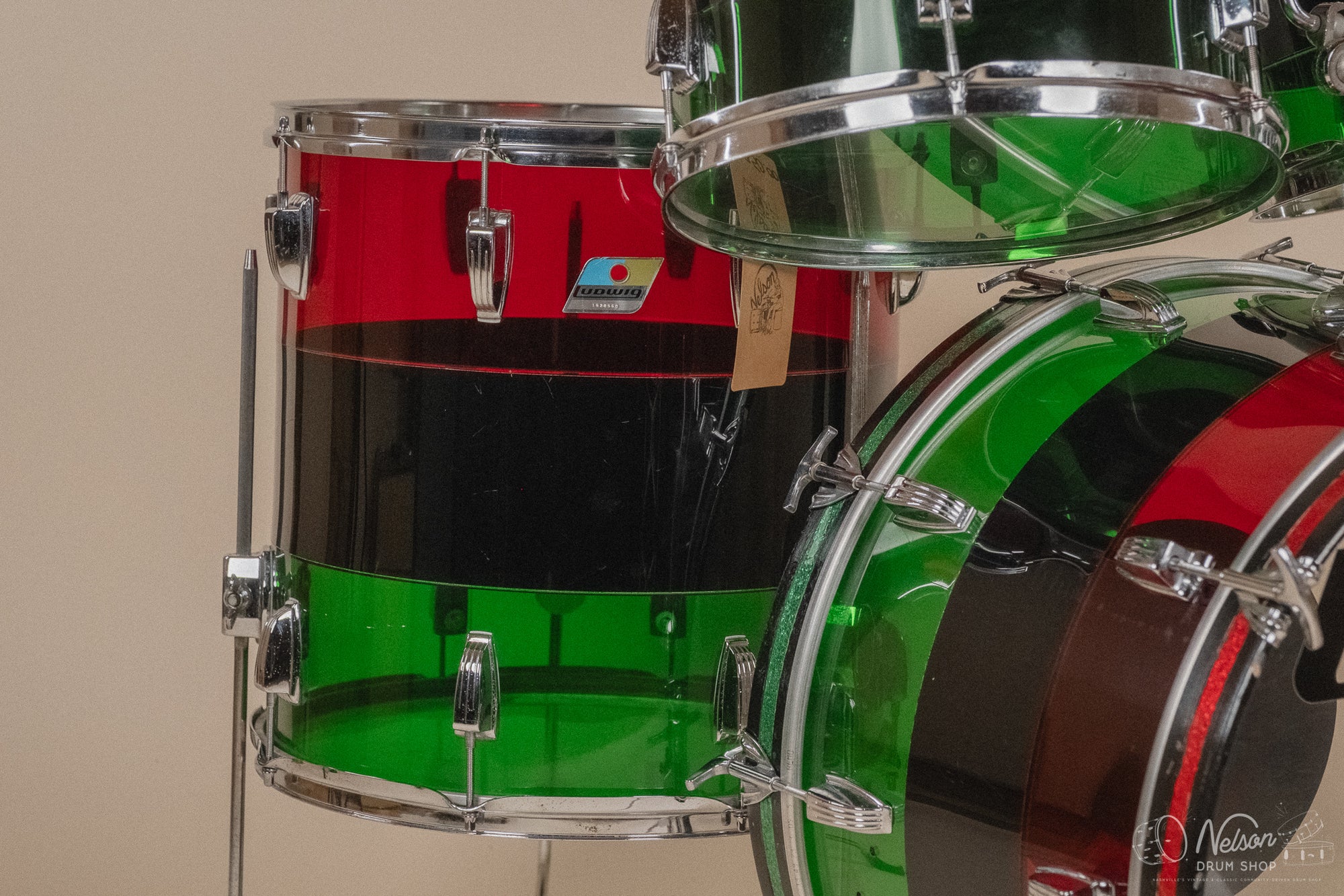 1970s Ludwig Vistalite 'Big Beat' Pattern A in Red/Black/Green - 14x22, 8x12, 9x13, 16x16