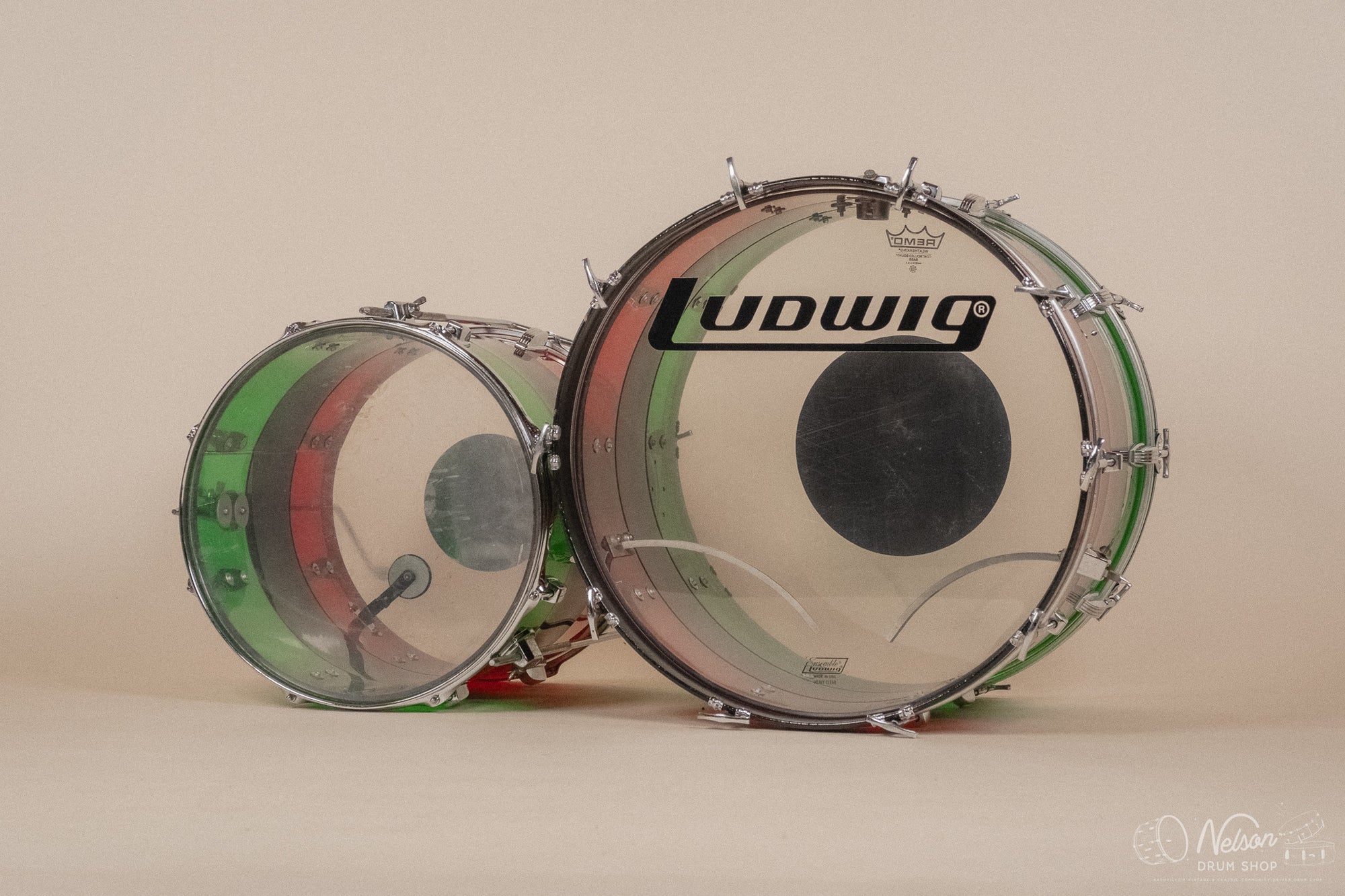 1970s Ludwig Vistalite 'Big Beat' Pattern A in Red/Black/Green - 14x22, 8x12, 9x13, 16x16