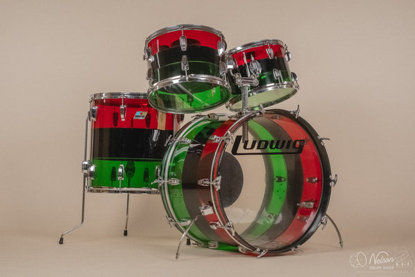 1970s Ludwig Vistalite 'Big Beat' Pattern A in Red/Black/Green - 14x22, 8x12, 9x13, 16x16