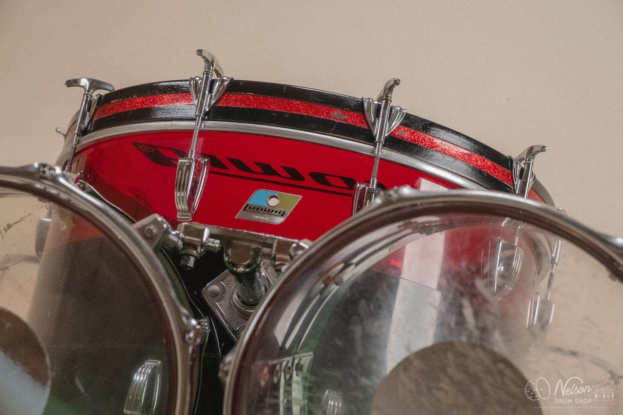 1970s Ludwig Vistalite 'Big Beat' Pattern A in Red/Black/Green - 14x22, 8x12, 9x13, 16x16