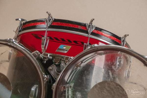 1970s Ludwig Vistalite 'Big Beat' Pattern A in Red/Black/Green - 14x22, 8x12, 9x13, 16x16