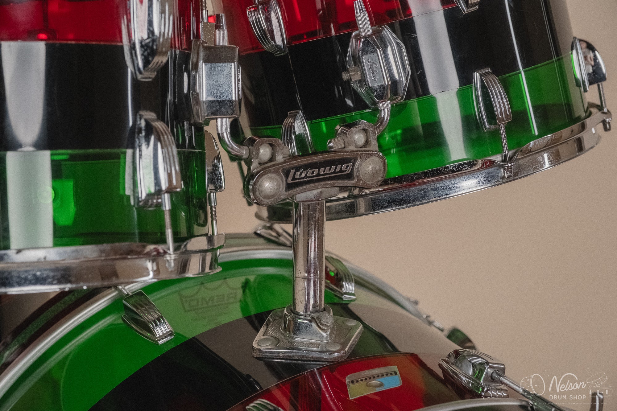 1970s Ludwig Vistalite 'Big Beat' Pattern A in Red/Black/Green - 14x22, 8x12, 9x13, 16x16