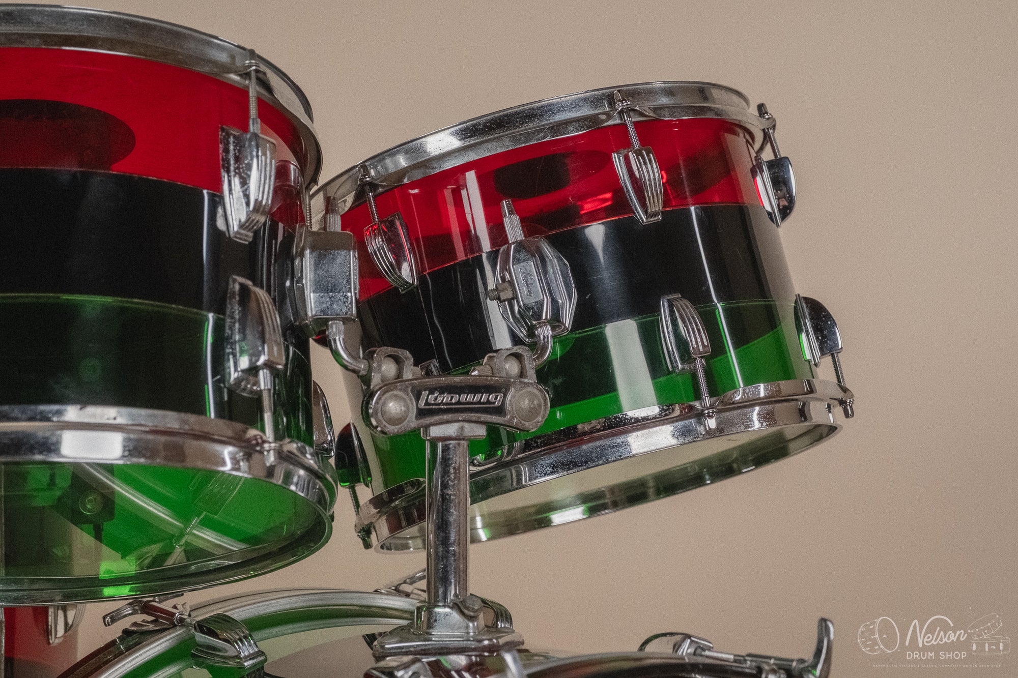 1970s Ludwig Vistalite 'Big Beat' Pattern A in Red/Black/Green - 14x22, 8x12, 9x13, 16x16