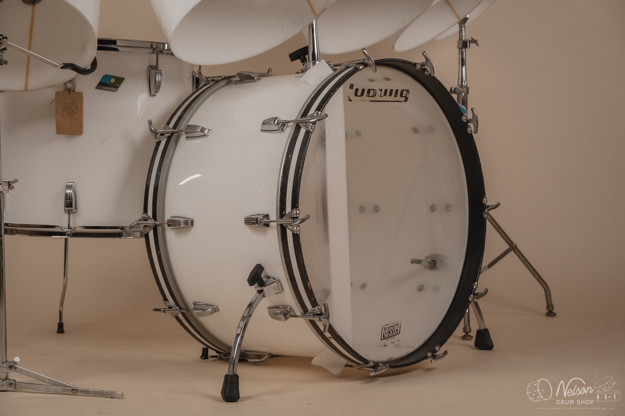1970's Ludwig 'Power Factory' in White Vistalite - 14x24, 6.5x10, 8x12, 9x13, 10x14, 12x15, 16x18