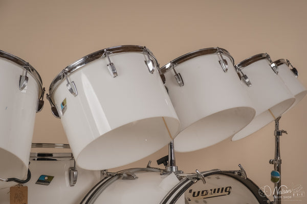 1970's Ludwig 'Power Factory' in White Vistalite - 14x24, 6.5x10, 8x12, 9x13, 10x14, 12x15, 16x18