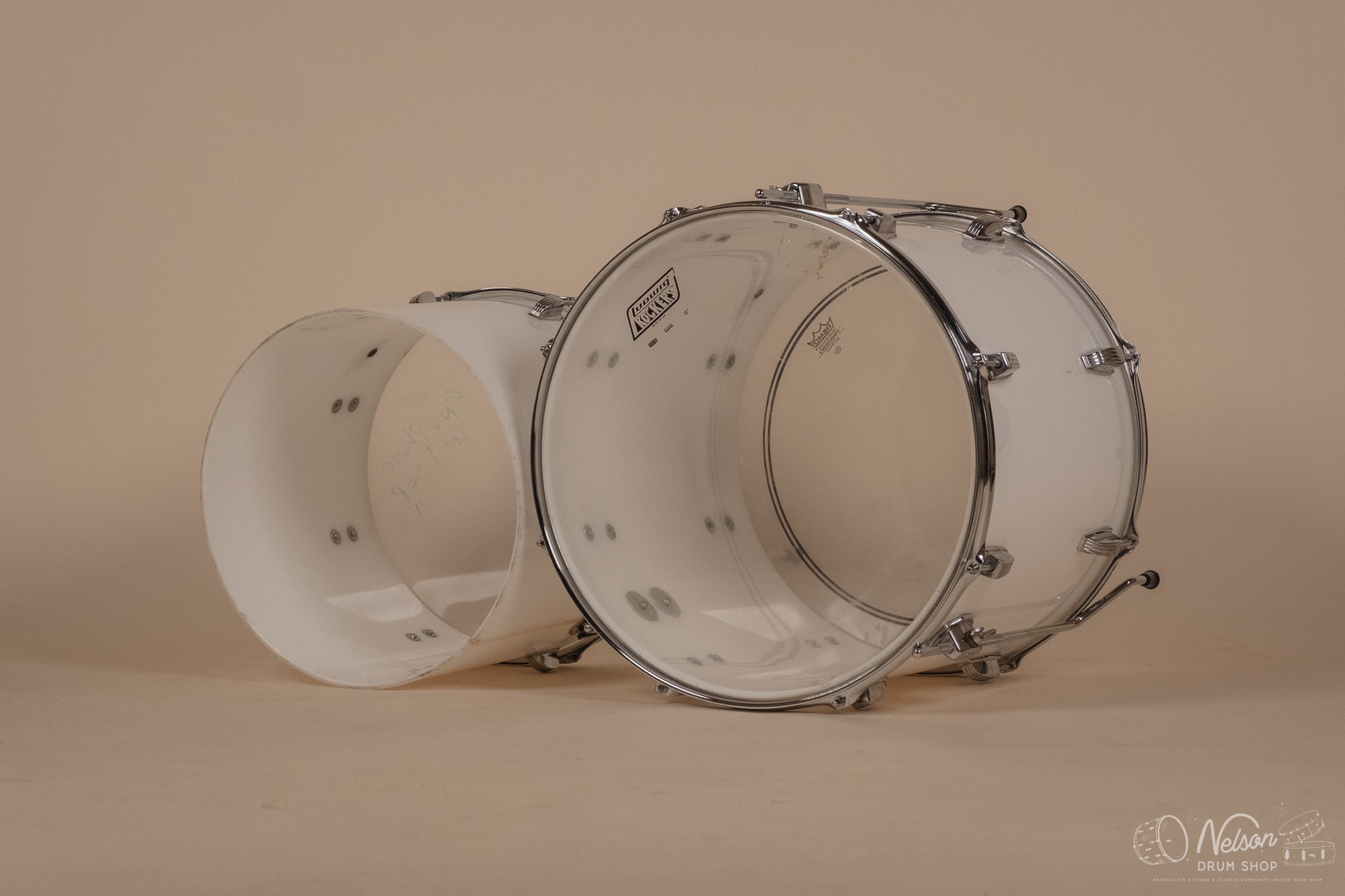 1970's Ludwig 'Power Factory' in White Vistalite - 14x24, 6.5x10, 8x12, 9x13, 10x14, 12x15, 16x18